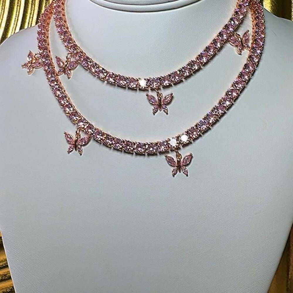 Pink Tennis Necklace With Butterfly